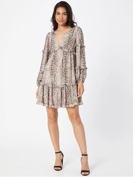 Michael Kors Taupe Snake Print V-Neck Tiered Mini Dress